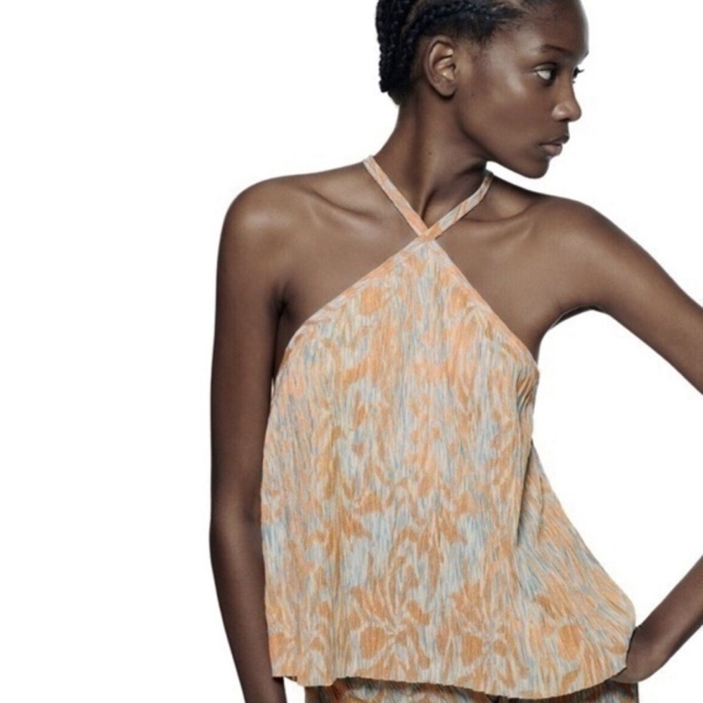 NWT Zara Jacquard Crinkle Flowy Halter Top in Aqua/Orange